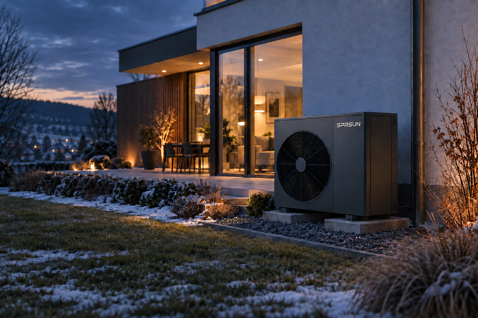 R290 Monoblock-Wärmepumpe an einem modernen Wohnhaus im Winter
